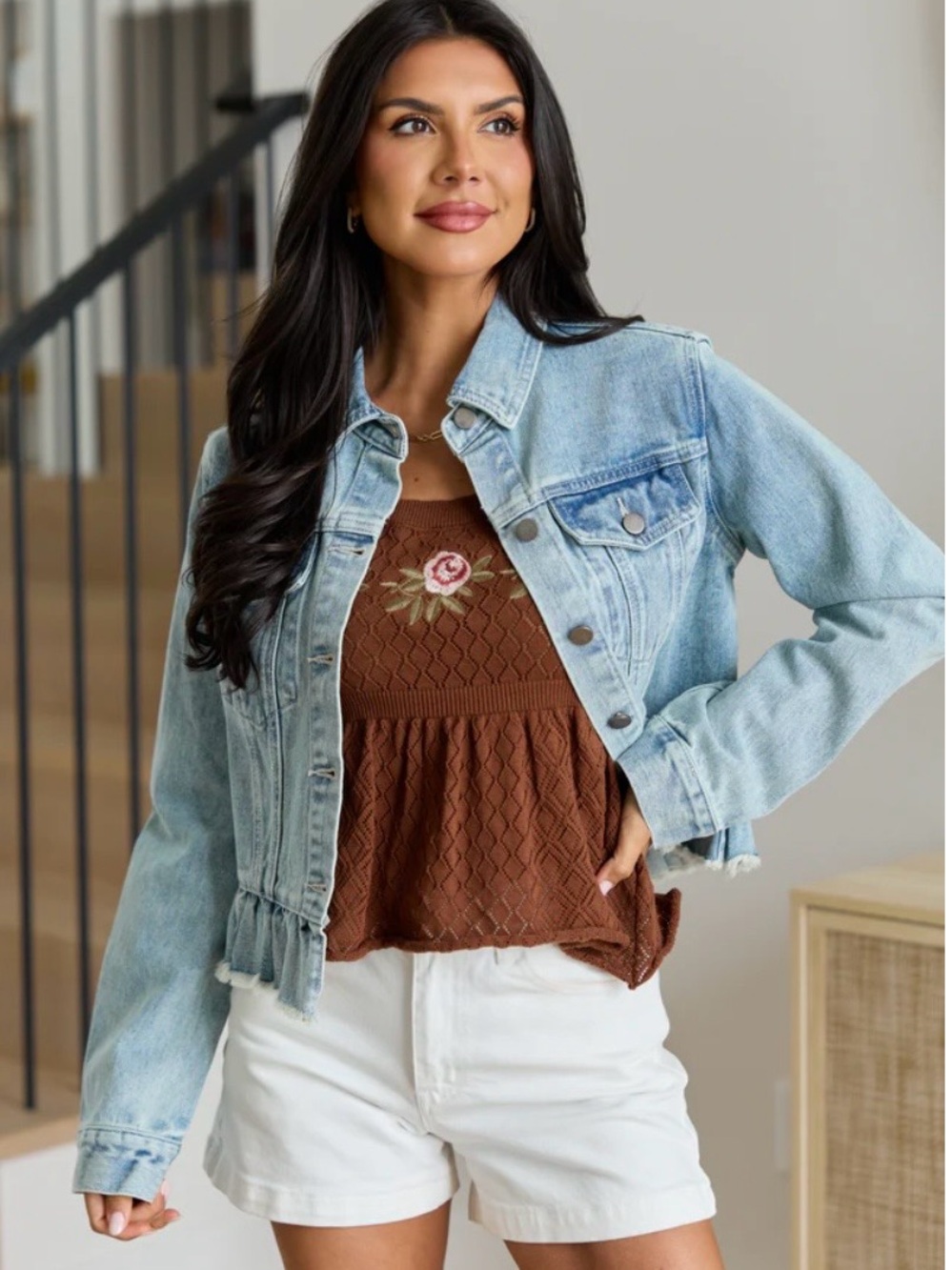 Pink Lily Ruffle Hen Light Wash Denim Jacket